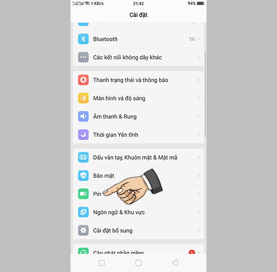 Vào cài đặt Pin
